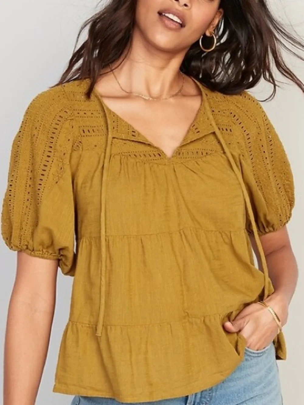 Old Navy Boho Puff-Sleeve Tiered Eyelet Embroidered Swing Top M Peasant Hippie